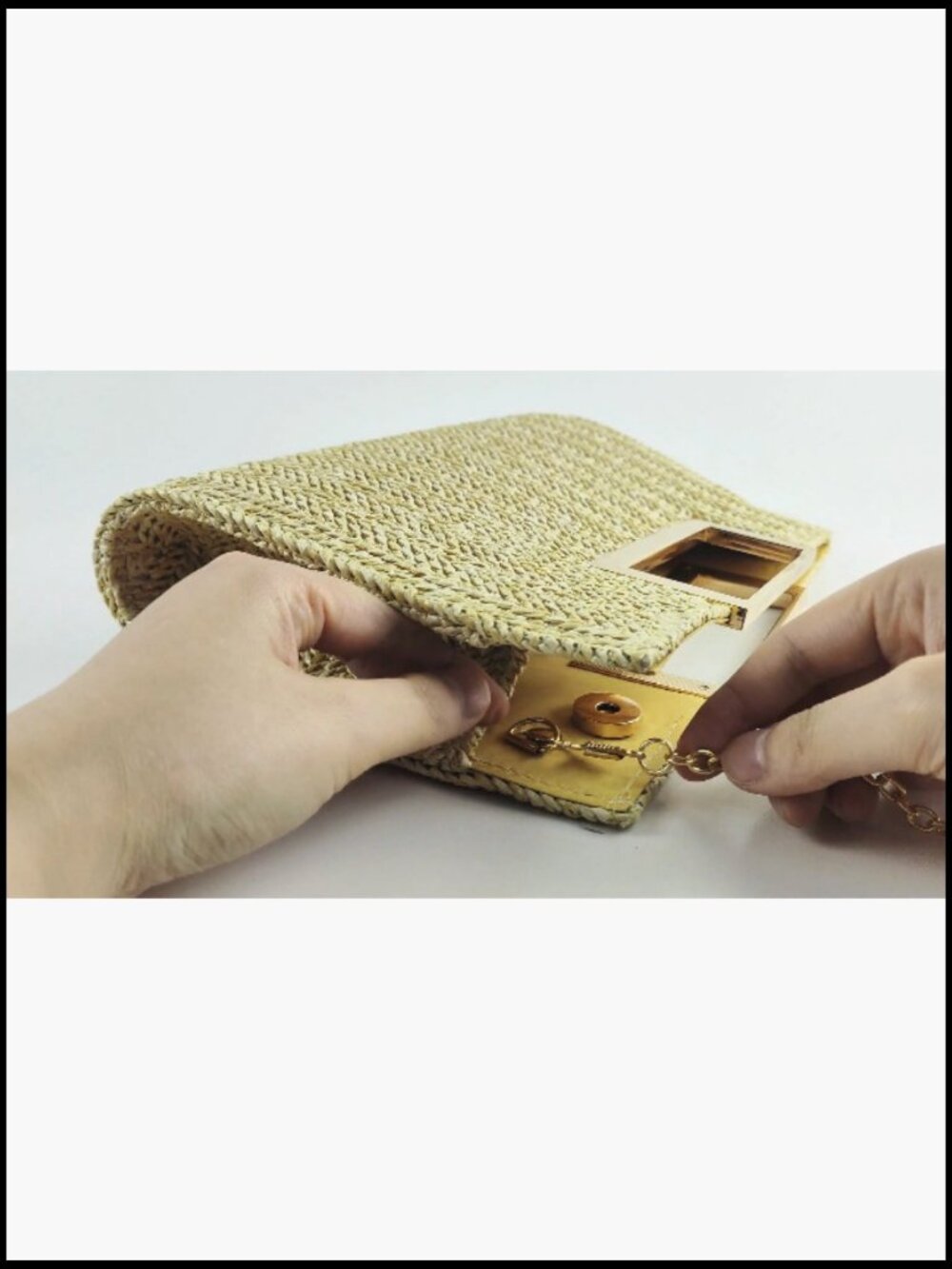 Woven Straw Clutch Purse with Chain Strap Summer Beach Bag - Picture 7 of 7